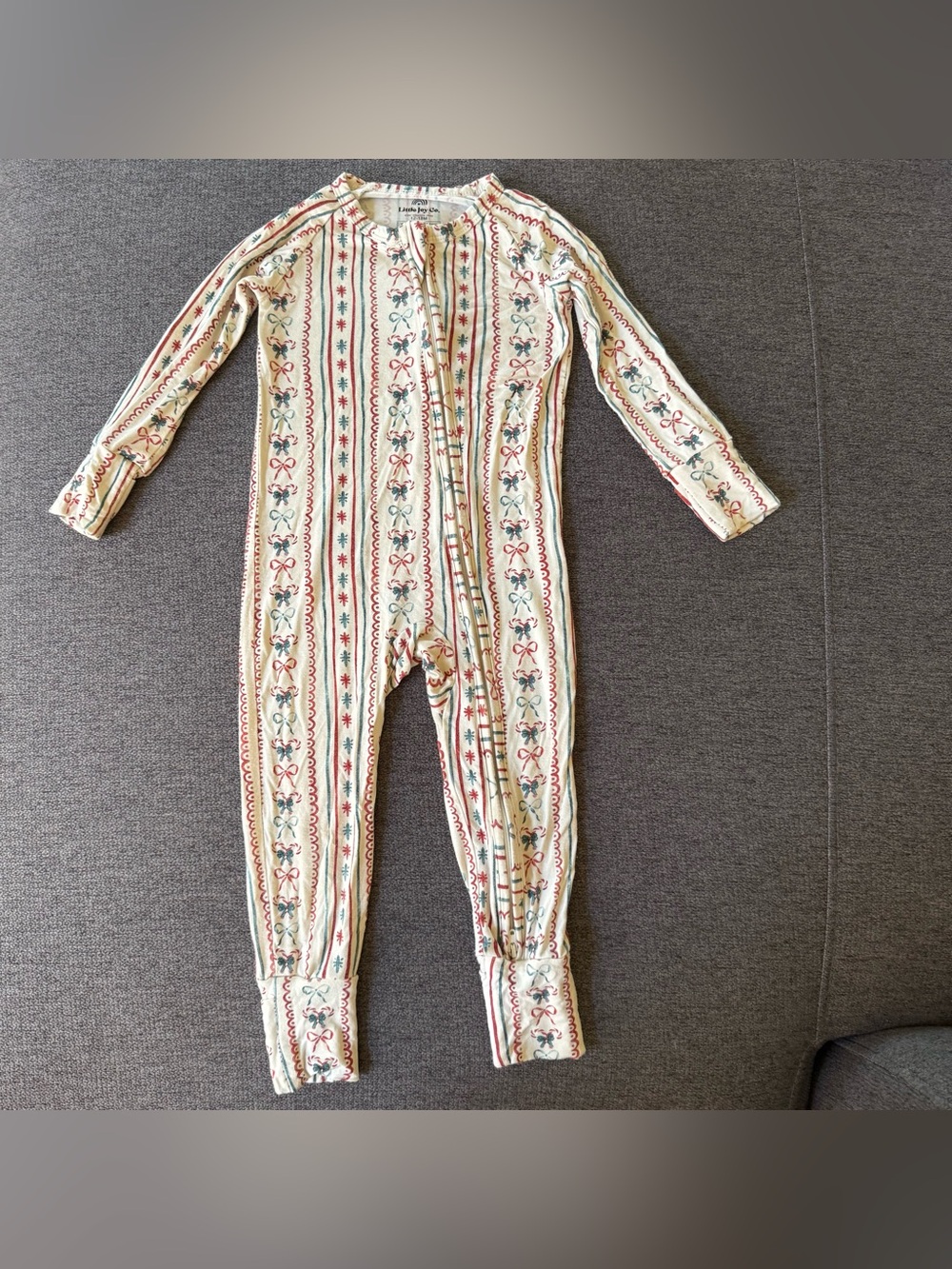 Little Joy Co Bamboo Christmas Pajama Sleeper Candy Cane Red Cream 12-18M